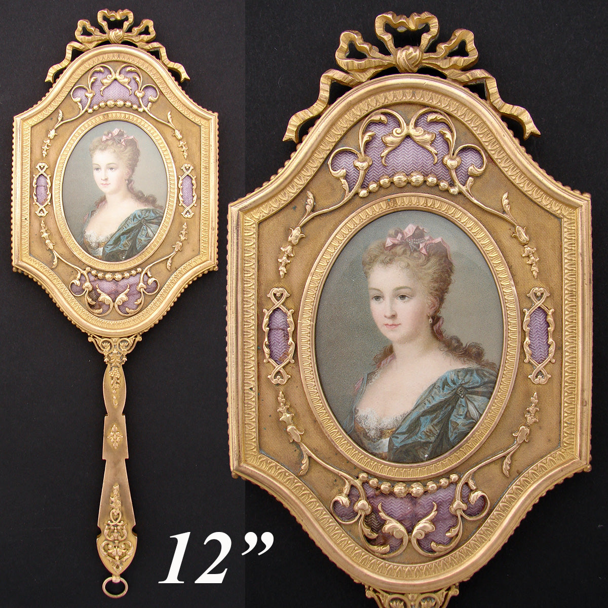 Antique French 11.75" Vanity or Hand Mirror, Louis XVI Style with Guilloche Enamel & Portrait Print