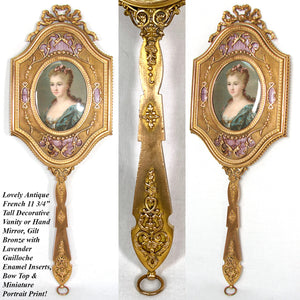 Antique French 11.75" Vanity or Hand Mirror, Louis XVI Style with Guilloche Enamel & Portrait Print