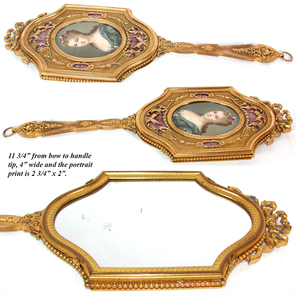 Antique French 11.75" Vanity or Hand Mirror, Louis XVI Style with Guilloche Enamel & Portrait Print