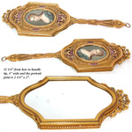 Antique French 11.75" Vanity or Hand Mirror, Louis XVI Style with Guilloche Enamel & Portrait Print