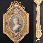 Antique French 11.75" Vanity or Hand Mirror, Louis XVI Style with Guilloche Enamel & Portrait Print