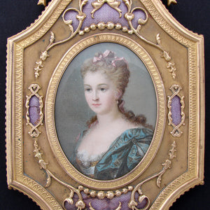 Antique French 11.75" Vanity or Hand Mirror, Louis XVI Style with Guilloche Enamel & Portrait Print