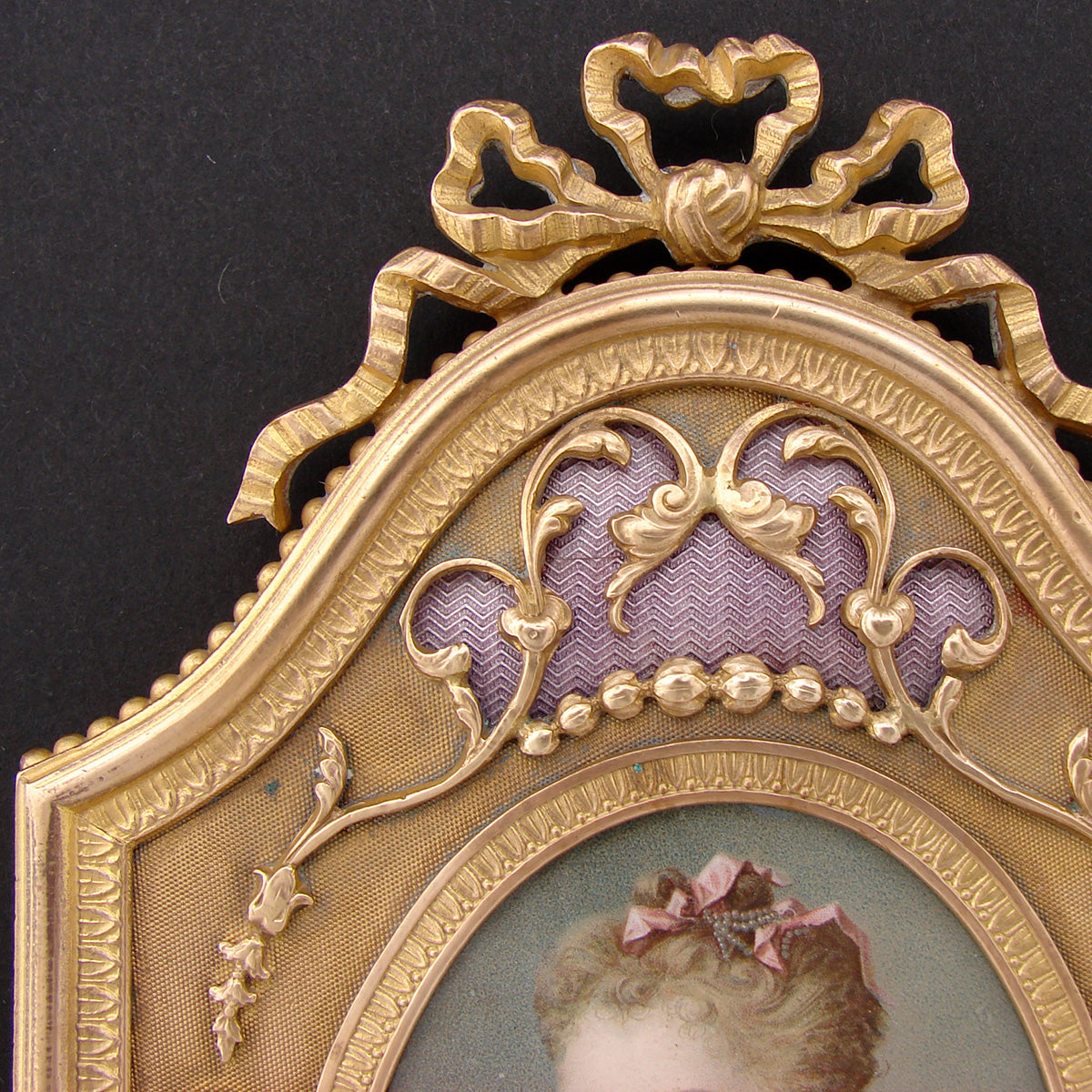 Antique French 11.75" Vanity or Hand Mirror, Louis XVI Style with Guilloche Enamel & Portrait Print