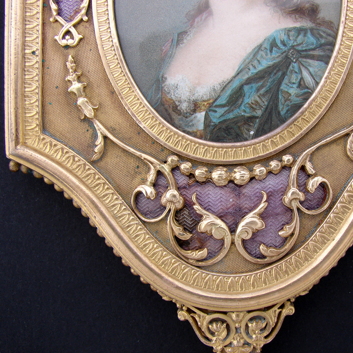 Antique French 11.75" Vanity or Hand Mirror, Louis XVI Style with Guilloche Enamel & Portrait Print