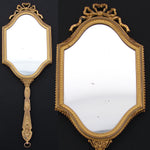 Antique French 11.75" Vanity or Hand Mirror, Louis XVI Style with Guilloche Enamel & Portrait Print