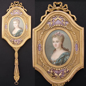 Antique French 11.75" Vanity or Hand Mirror, Louis XVI Style with Guilloche Enamel & Portrait Print