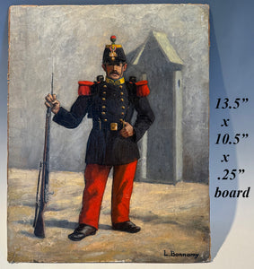 Antique French 19th Century Oil Painting Military Portrait Soldier with Rifle, Artist Signed L Bonnamy