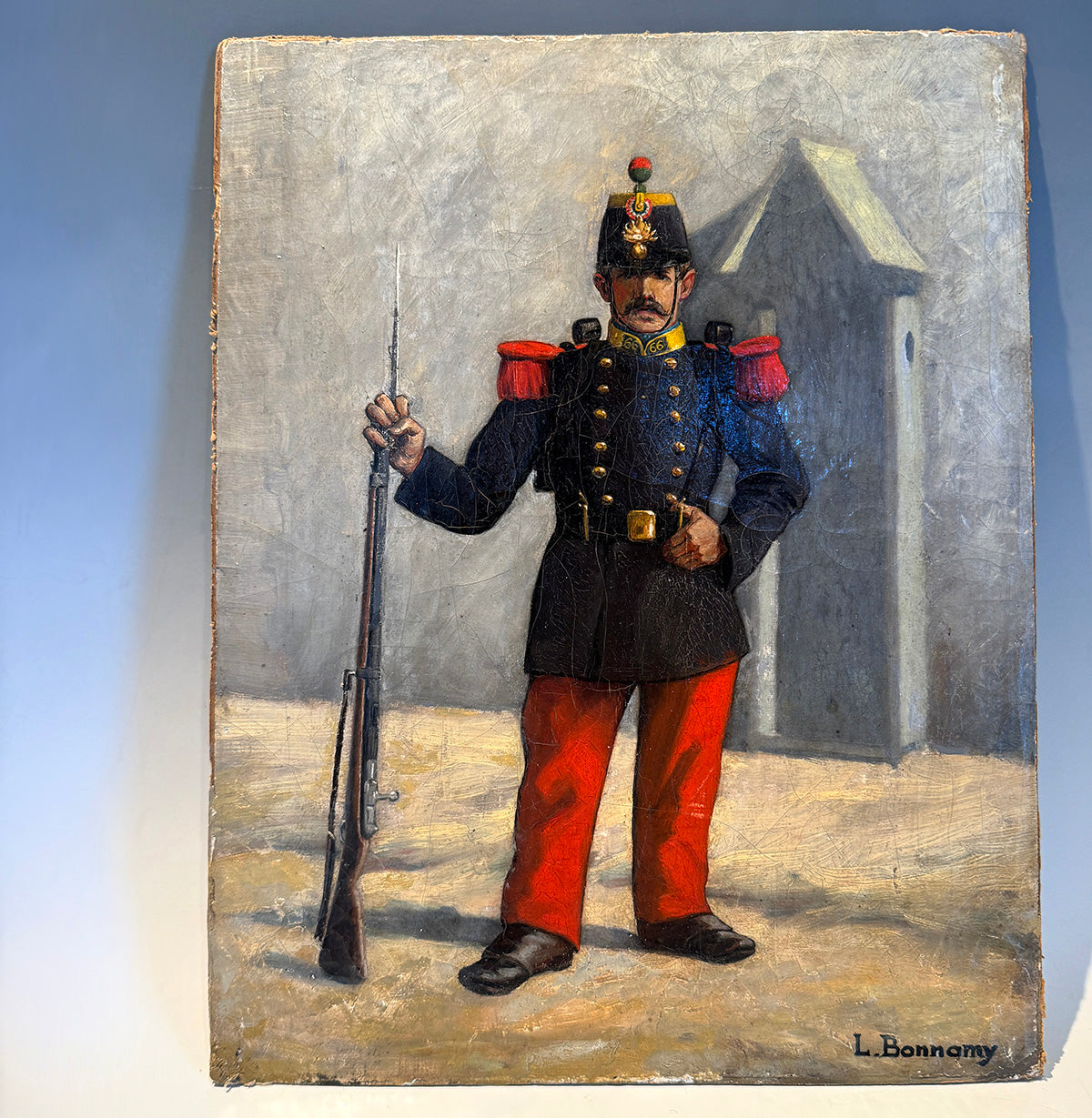 Antique French 19th Century Oil Painting Military Portrait Soldier with Rifle, Artist Signed L Bonnamy