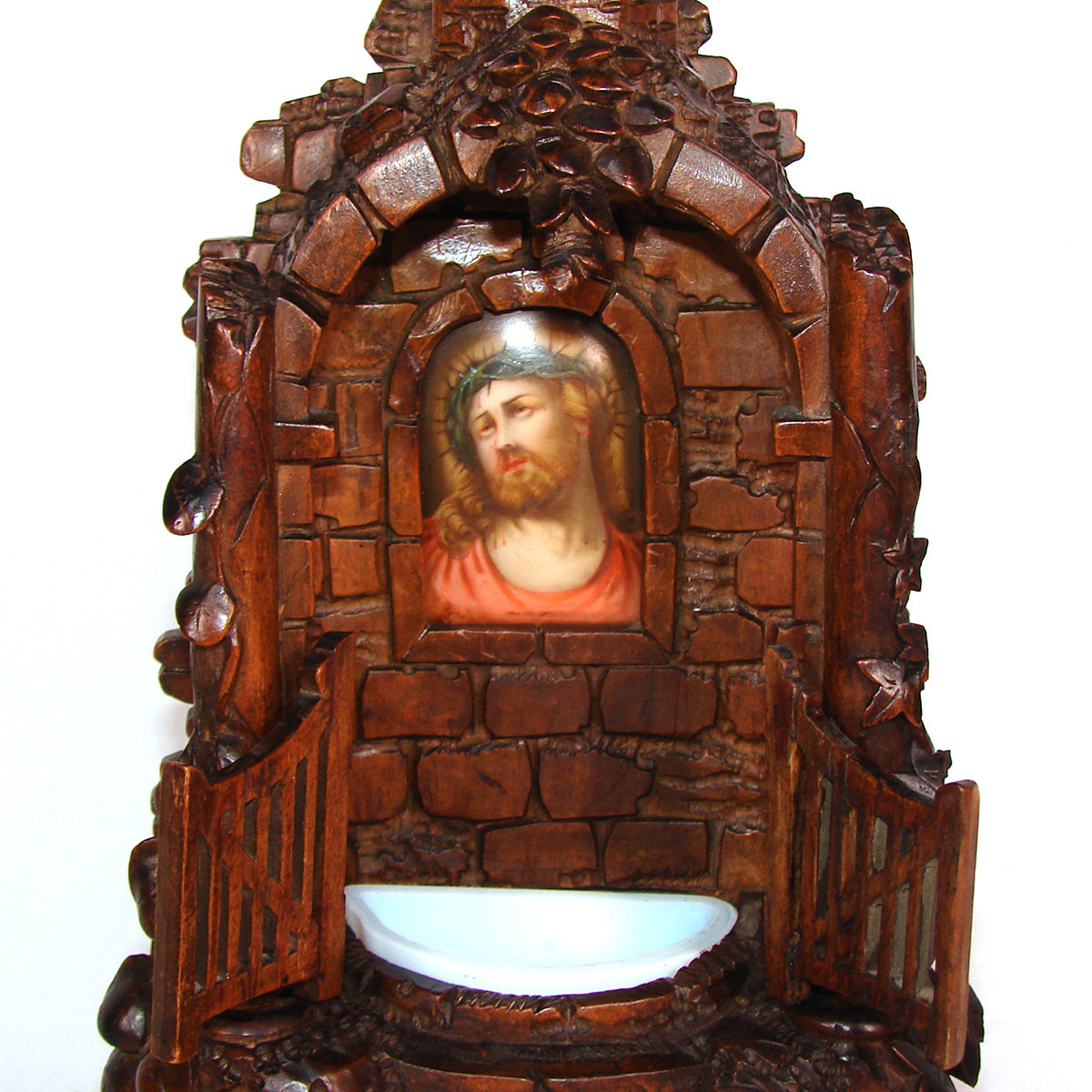 Antique Black Forest 11" Holy Water Font, a Medieval Style Tomb or Water Well with Vines & Foliage, Christ Portrait on Porcelain