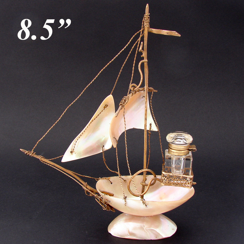 Antique French Mother of Pearl Shell Sail Boat 8.5" Tall w Inkwell, Anchor, Superb Detail