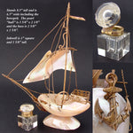 Antique French Mother of Pearl Shell Sail Boat 8.5" Tall w Inkwell, Anchor, Superb Detail