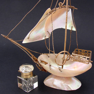 Antique French Mother of Pearl Shell Sail Boat 8.5" Tall w Inkwell, Anchor, Superb Detail