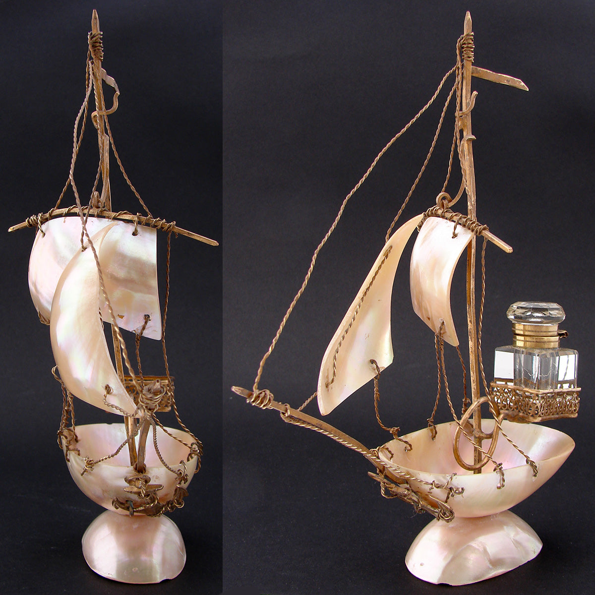 Antique French Mother of Pearl Shell Sail Boat 8.5" Tall w Inkwell, Anchor, Superb Detail