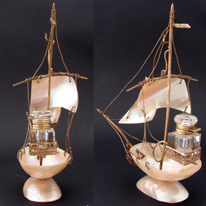 Antique French Mother of Pearl Shell Sail Boat 8.5" Tall w Inkwell, Anchor, Superb Detail