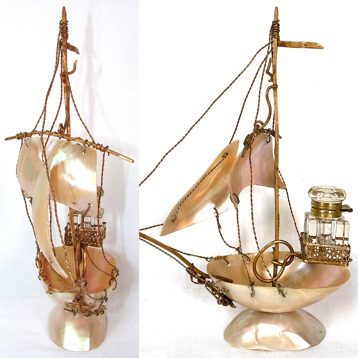 Antique French Mother of Pearl Shell Sail Boat 8.5" Tall w Inkwell, Anchor, Superb Detail