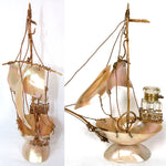 Antique French Mother of Pearl Shell Sail Boat 8.5" Tall w Inkwell, Anchor, Superb Detail