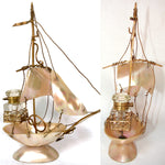 Antique French Mother of Pearl Shell Sail Boat 8.5" Tall w Inkwell, Anchor, Superb Detail