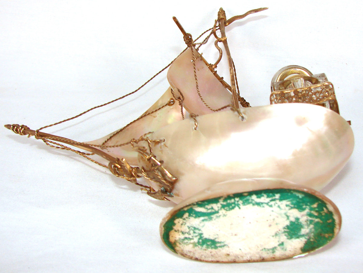 Antique French Mother of Pearl Shell Sail Boat 8.5" Tall w Inkwell, Anchor, Superb Detail