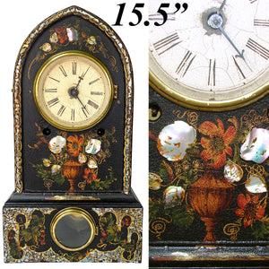 Antique American Victorian Era 15.5" Mantel Clock, Tole Painted Metal with Mother of Pearl