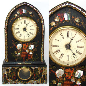 Antique American Victorian Era 15.5" Mantel Clock, Tole Painted Metal with Mother of Pearl