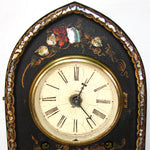 Antique American Victorian Era 15.5" Mantel Clock, Tole Painted Metal with Mother of Pearl