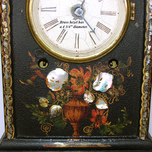 Antique American Victorian Era 15.5" Mantel Clock, Tole Painted Metal with Mother of Pearl