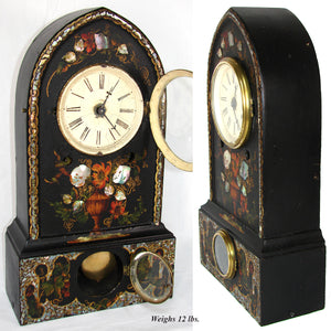 Antique American Victorian Era 15.5" Mantel Clock, Tole Painted Metal with Mother of Pearl