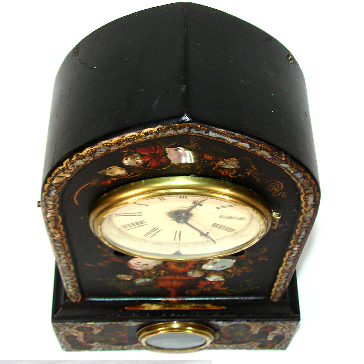 Antique American Victorian Era 15.5" Mantel Clock, Tole Painted Metal with Mother of Pearl