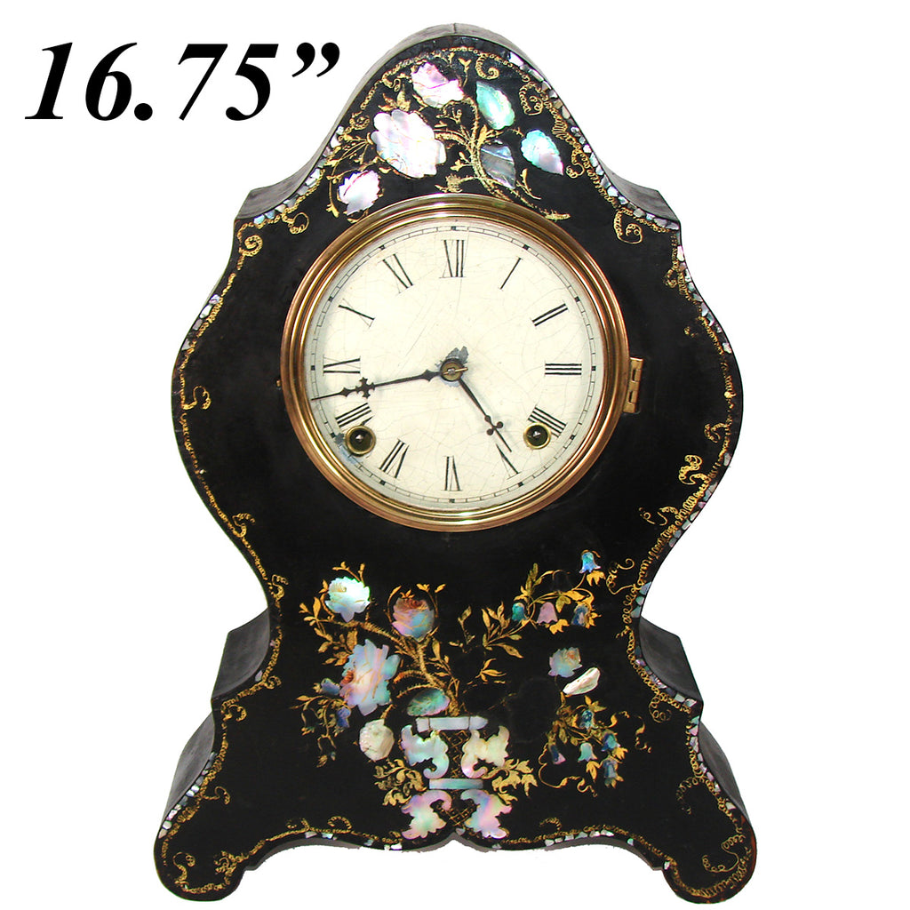 Antique American Victorian Era 16.75" Mantel Clock, Tole Painted Metal with Mother of Pearl