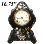 Antique American Victorian Era 16.75" Mantel Clock, Tole Painted Metal with Mother of Pearl