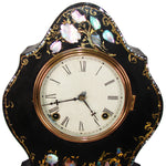 Antique American Victorian Era 16.75" Mantel Clock, Tole Painted Metal with Mother of Pearl