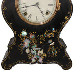 Antique American Victorian Era 16.75" Mantel Clock, Tole Painted Metal with Mother of Pearl