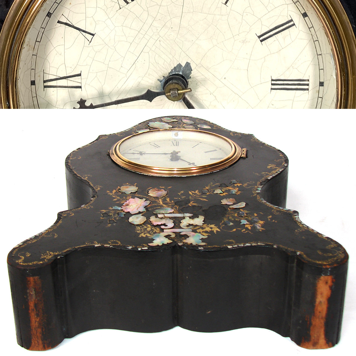 Antique American Victorian Era 16.75" Mantel Clock, Tole Painted Metal with Mother of Pearl