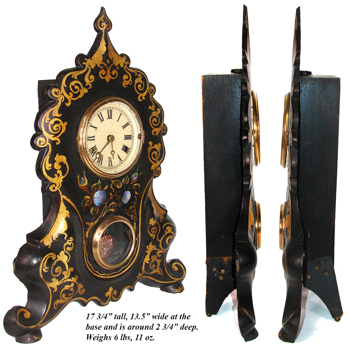 Antique American Victorian Era 17.75" Mantel Clock, Tole Painted Metal with Mother of Pearl