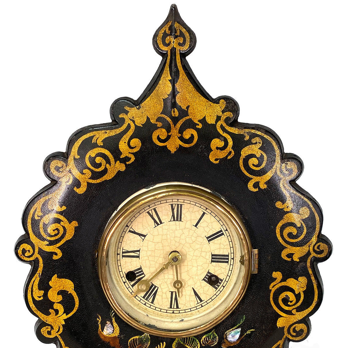 Antique American Victorian Era 17.75" Mantel Clock, Tole Painted Metal with Mother of Pearl