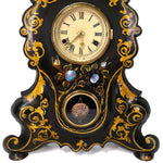 Antique American Victorian Era 17.75" Mantel Clock, Tole Painted Metal with Mother of Pearl