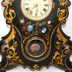 Antique American Victorian Era 17.75" Mantel Clock, Tole Painted Metal with Mother of Pearl