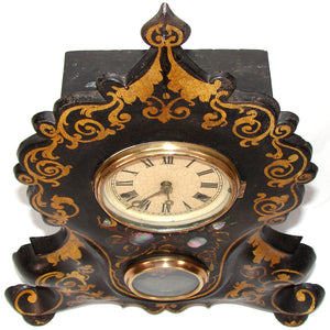 Antique American Victorian Era 17.75" Mantel Clock, Tole Painted Metal with Mother of Pearl