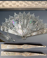 Fabulous Antique Hand Carved Mother of Pearl Figural Monture for 28 cm French Hand Fan, w Box
