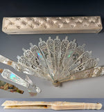 Fabulous Antique Hand Carved Mother of Pearl Figural Monture for 28 cm French Hand Fan, w Box