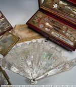 Fabulous Antique Hand Carved Mother of Pearl Figural Monture for 28 cm French Hand Fan, w Box