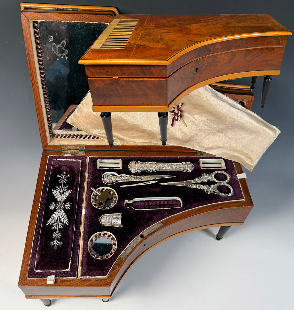 RARE Antique 19th Century French Miniature Piano Sewing Box, Music Box Plays, Sewing Tools