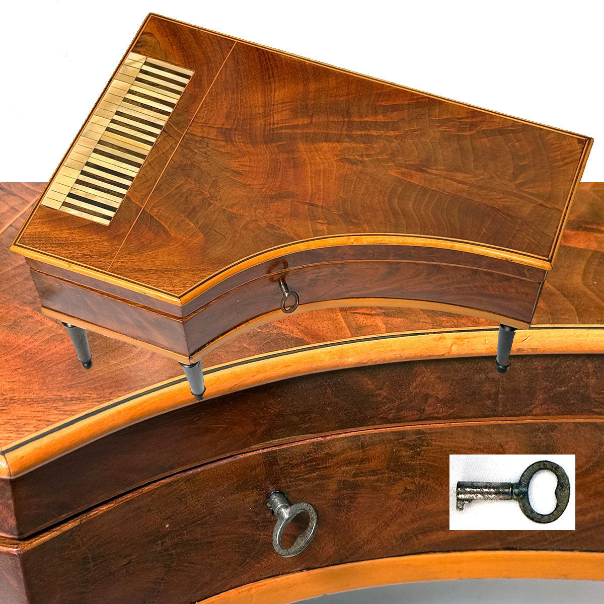 RARE Antique 19th Century French Miniature Piano Sewing Box, Music Box Plays, Sewing Tools