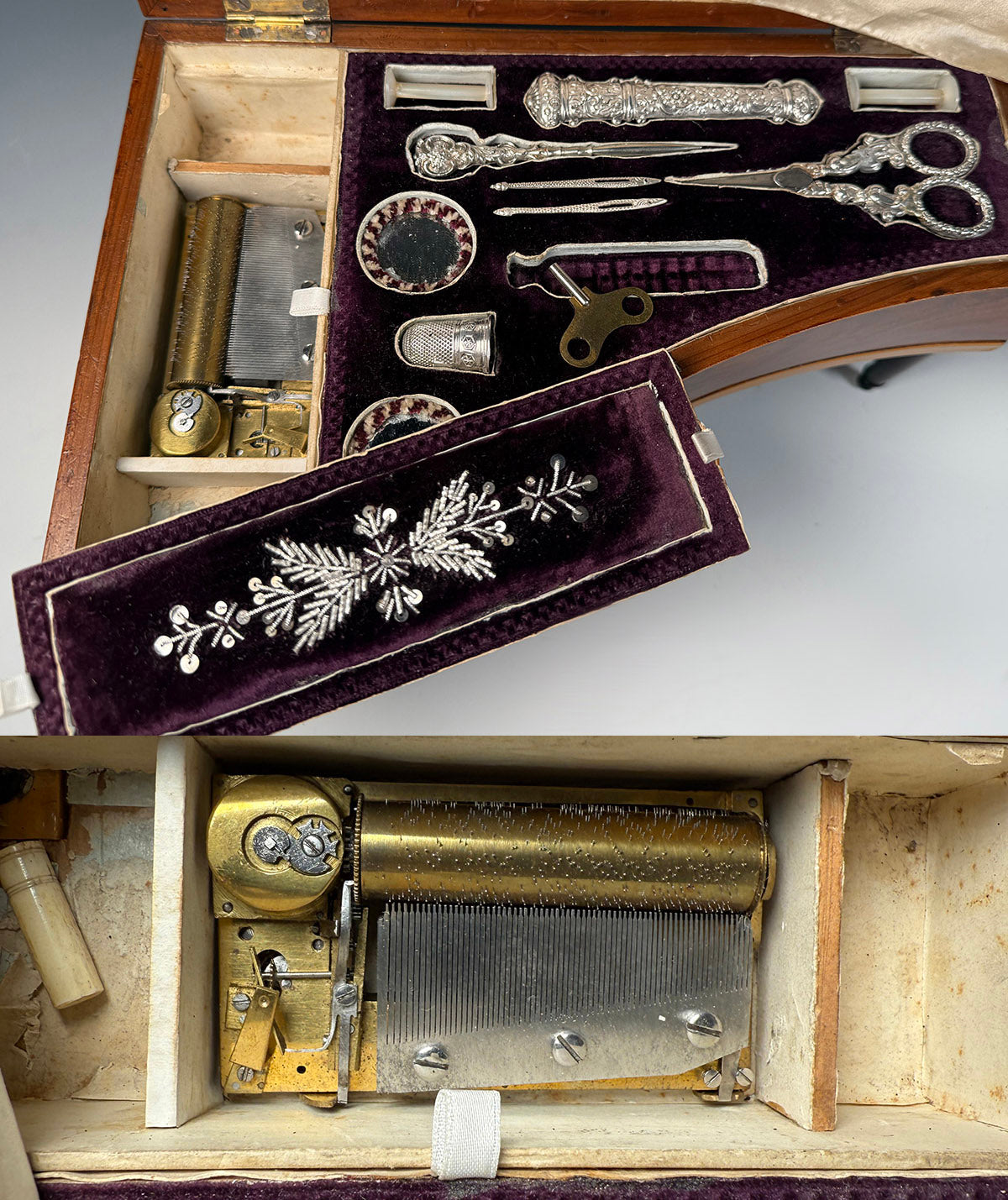 RARE Antique 19th Century French Miniature Piano Sewing Box, Music Box Plays, Sewing Tools