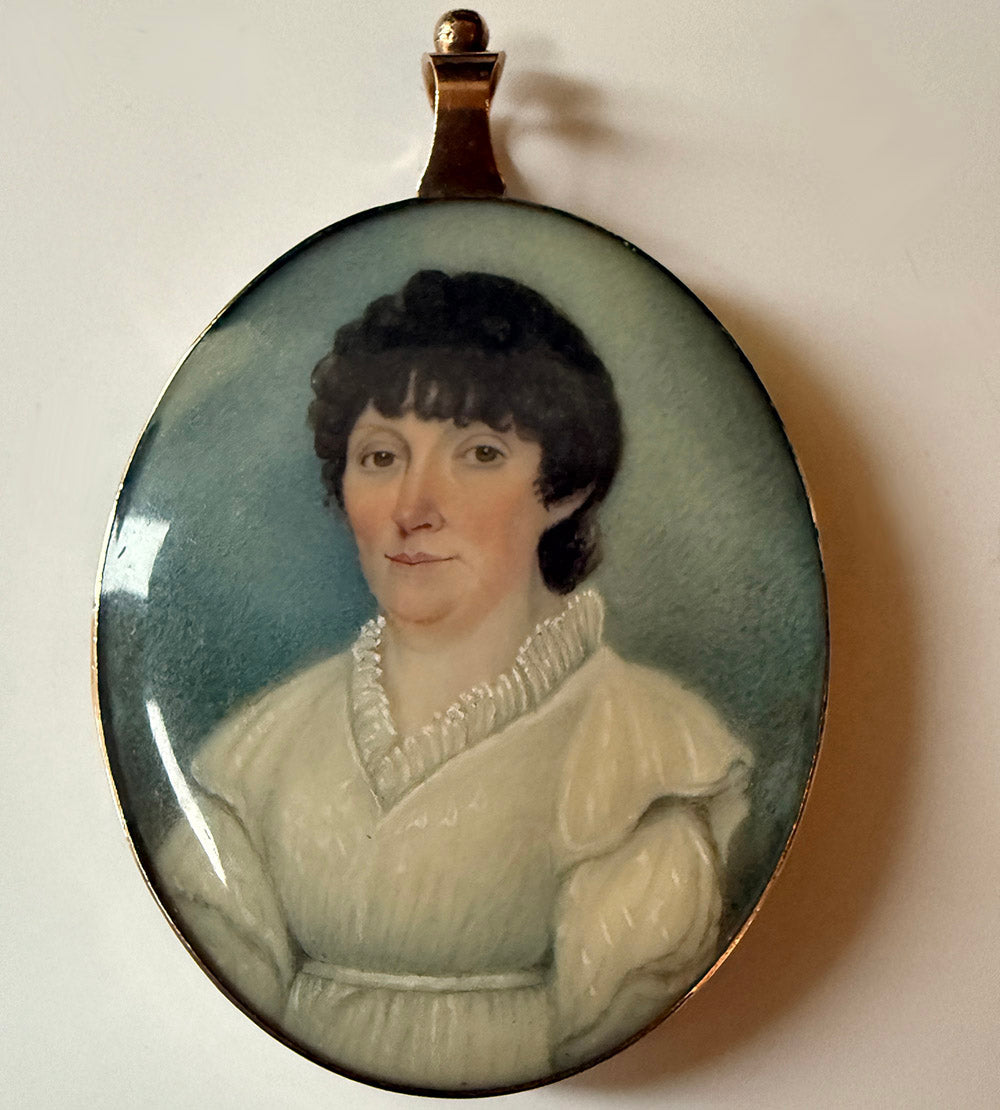 Antique French Portrait Miniature, c.1810-20 Woman w Guillotine Haircut, Mourning Hair Art Pendant