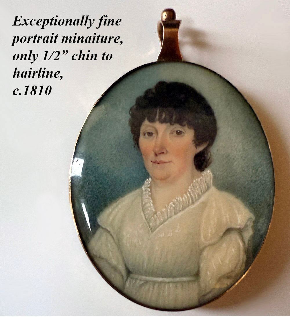 Antique French Portrait Miniature, c.1810-20 Woman w Guillotine Haircut, Mourning Hair Art Pendant