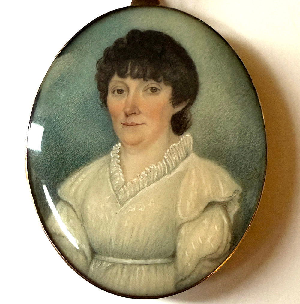 Antique French Portrait Miniature, c.1810-20 Woman w Guillotine Haircut, Mourning Hair Art Pendant