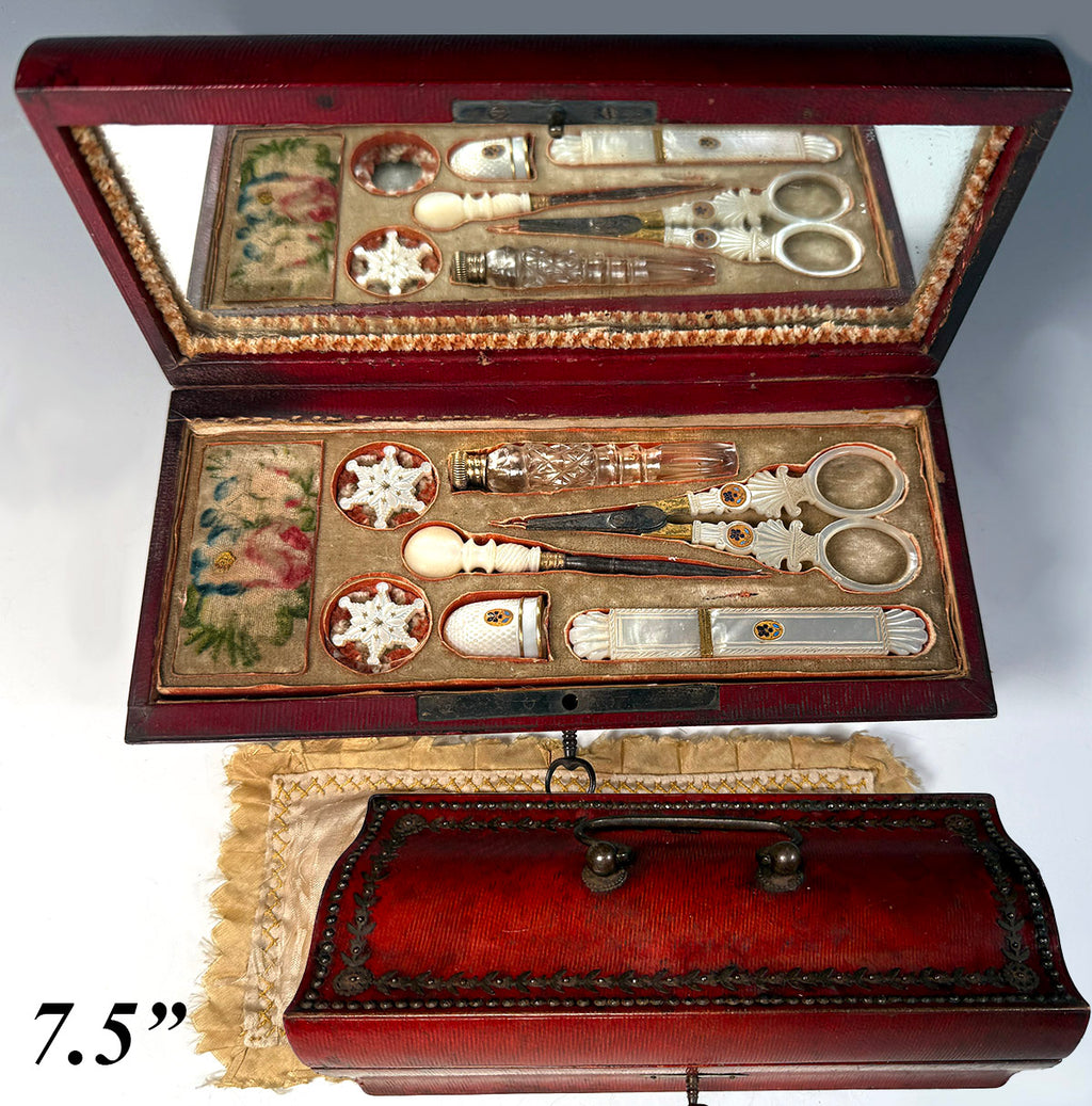 Rare Antique French Napoleon Era Palais Royal Sewing Etui, Box, Mother of Pearl Tools w 18k Gold
