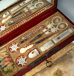Rare Antique French Napoleon Era Palais Royal Sewing Etui, Box, Mother of Pearl Tools w 18k Gold