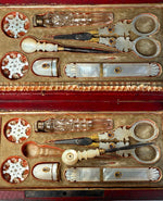 Rare Antique French Napoleon Era Palais Royal Sewing Etui, Box, Mother of Pearl Tools w 18k Gold